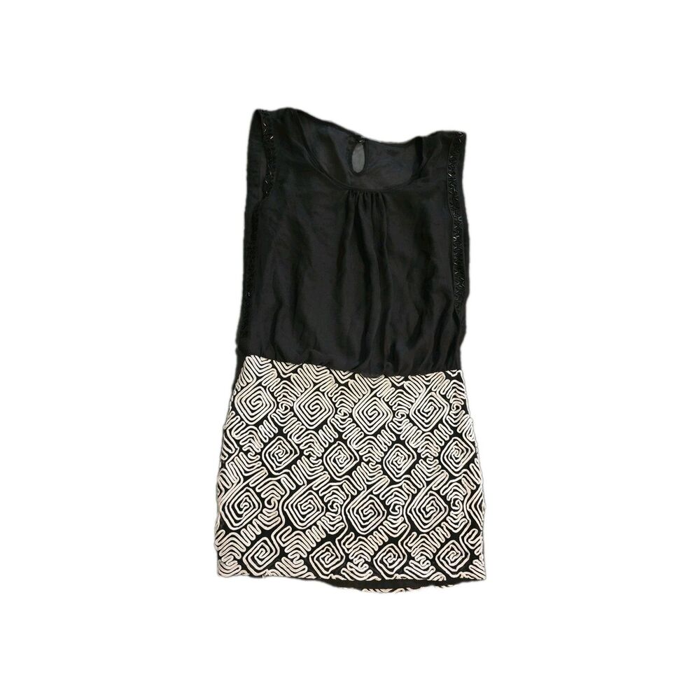 Vintage women's Beaded Flutter Chiffon Ribbon Mini Dress Lined Black Small Rare
